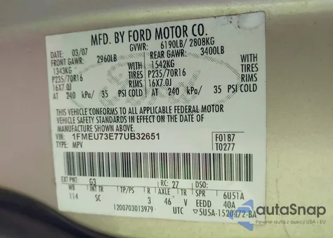 2007 Ford Explorer Xlt z USA, uszkodzony, nr VIN 1FMEU73E77UB32651